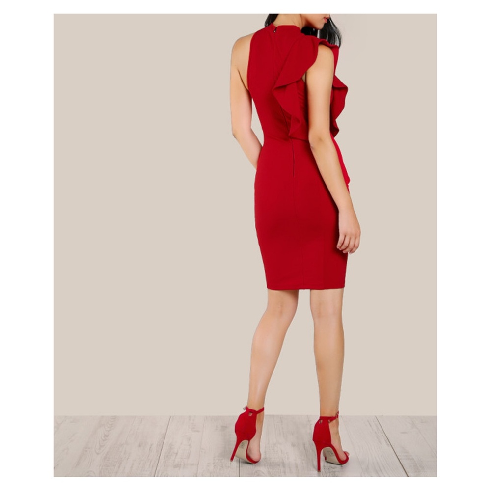 Deep Red Sleeveless Ruffle Bodycon Dress - Picture 3 of 5